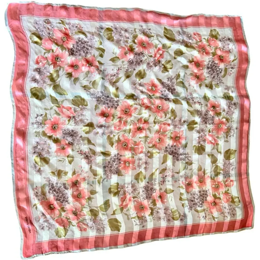 Vintage Pierre Cardin Paris Silk Scarf Coral Lilac Bouquet Watercolor Floral 35